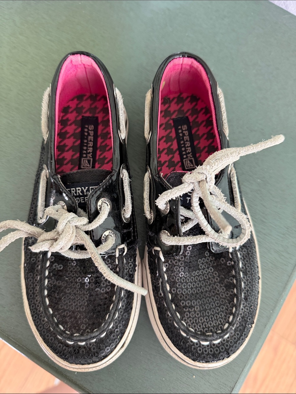 3/$10 Sperry Kids Black Sequin Boat Shoes with Pink Lining